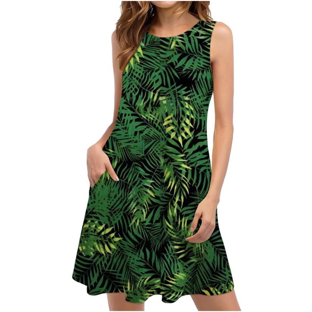 ICHUANYI Clearance Summer Dresses For Women Beach Floral Tshirt Sundress Casual Pockets Boho Tank Dress(Green, M) ICHUANYI WER2023080914091