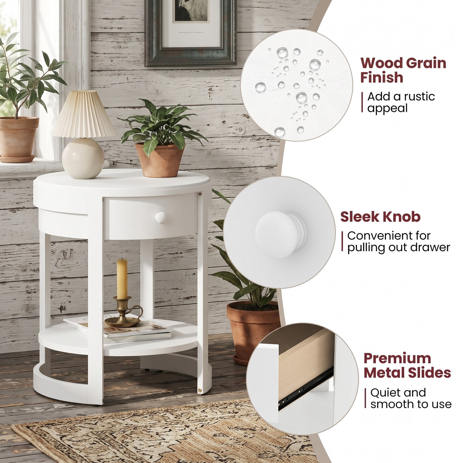 Furnibear 2-Tier Round End Table, Mid Century Modern Nightstand with Drawer and Storage Shelf, Wood Grain Side Table for Living Room Bedroom Sofa Couch, White