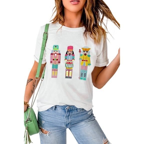 Women's White Chenille Nutcracker Doll Graphic Christmas Fashion Tee | [ZhiHiMeRi] | (US 20-22)2XL
