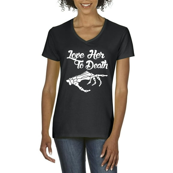 MmF - Women's T-Shirt V-Neck Short Sleeve - Halloween Love Her to Death Matching Halloween Couple