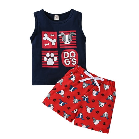 

Suanret Little Kids 2Pcs Shorts Suit Sleeveless Letter Dog Head Bone Paw Crew Tanks Straps Dog Head Paw Shorts Red Black 18-24 Months