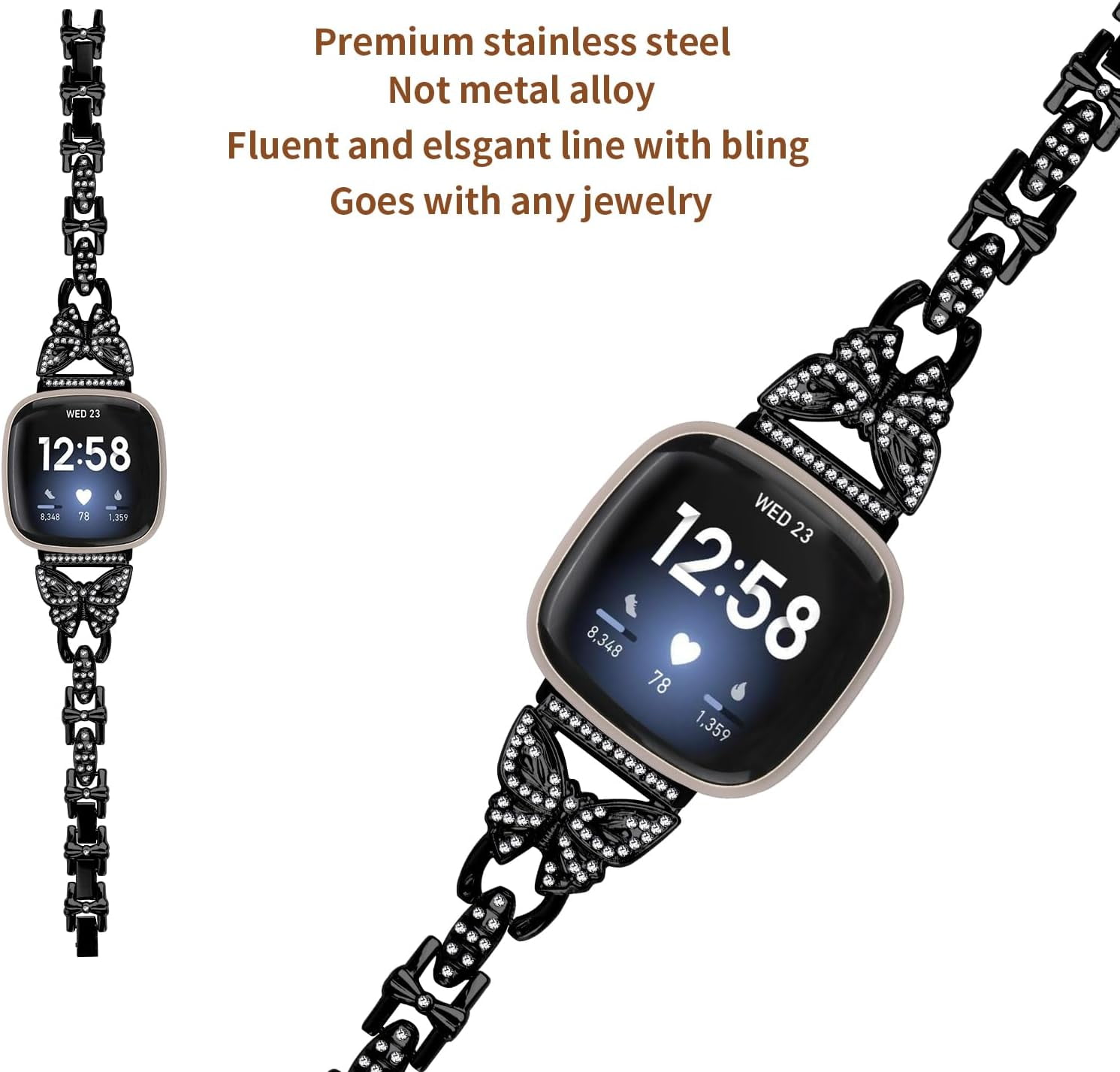 REQO Bling Bands Compatible with Fitbit Versa 4/Sense 2/Versa 3/Sense, Shinny Metal Bracelet Straps Luxurious Rhinestone Replacement Wristband for Women