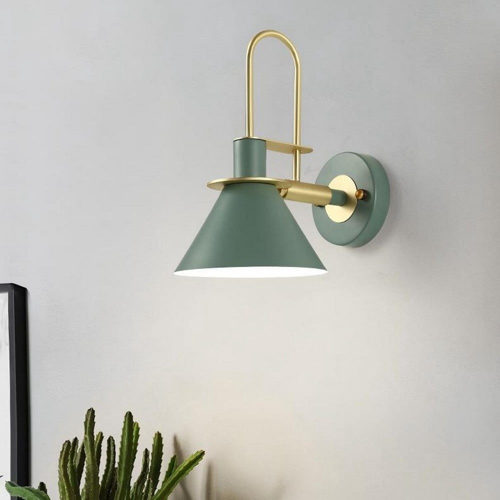 Litfad Modern Style Wall Sconces Light Fixtures Green Metal Cone Shade Wall Mounted Light Gooseneck Arm for Bedroom Living Room Porch Foyer