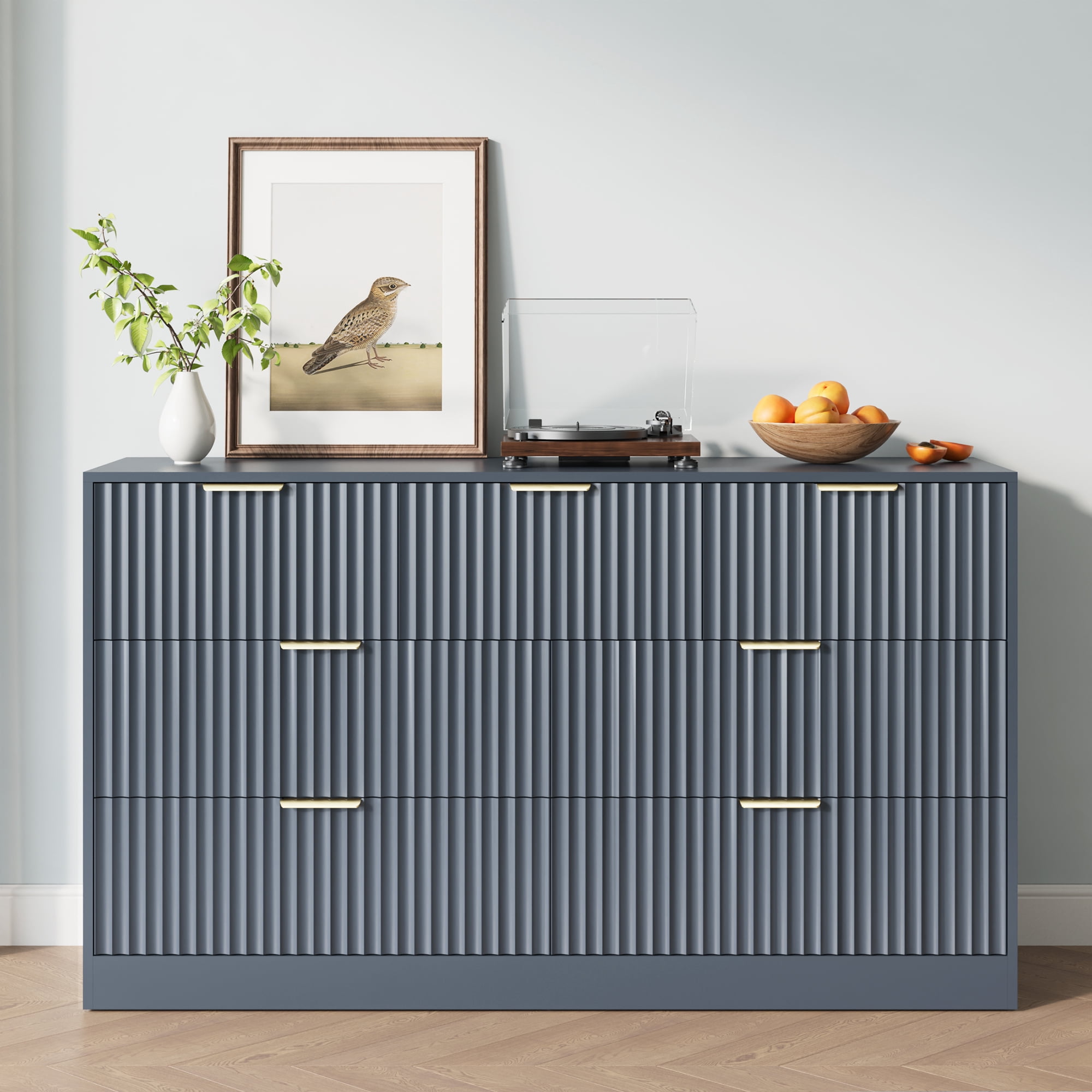 YouTrend 55.1"W Fluted Dressers for Bedroom with 7 Drawers,Modern Chest of Drawer TV Stand for Adults,Wood Clothes Storage for Living Room,Blue