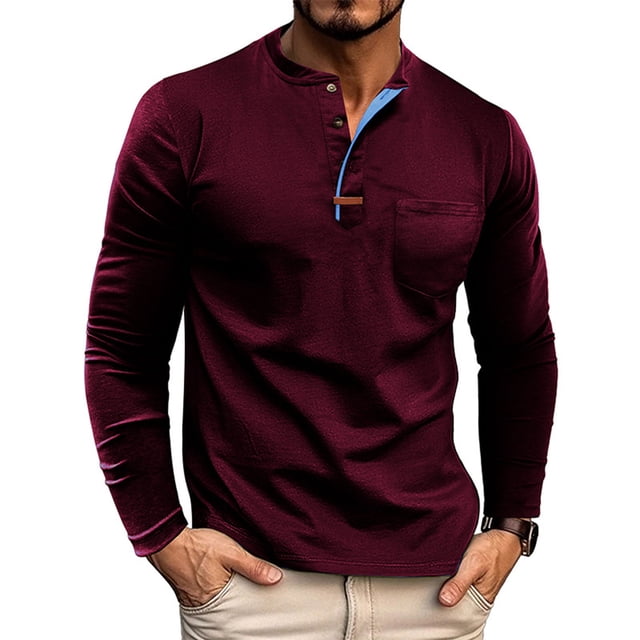 Blusas y camisas de manga larga con cuello redondo para hombre, estilo casual, a la moda, de color liso, transpirables, de manga larga, con cuello redondo y bolsillos con botones, blusa de poliéster p