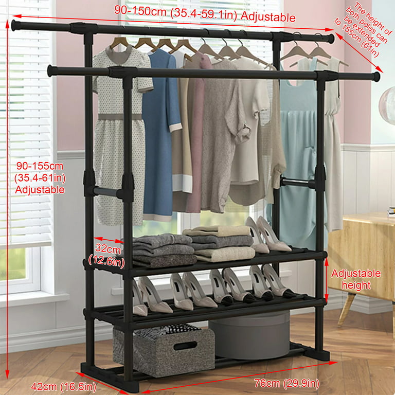 2 Tiers Clothes Rack, Double Rails Rolling Garment Rack, Clothes Rack or  Hanging Rack, Double Rods Clothing Rack with Bottom Shelf