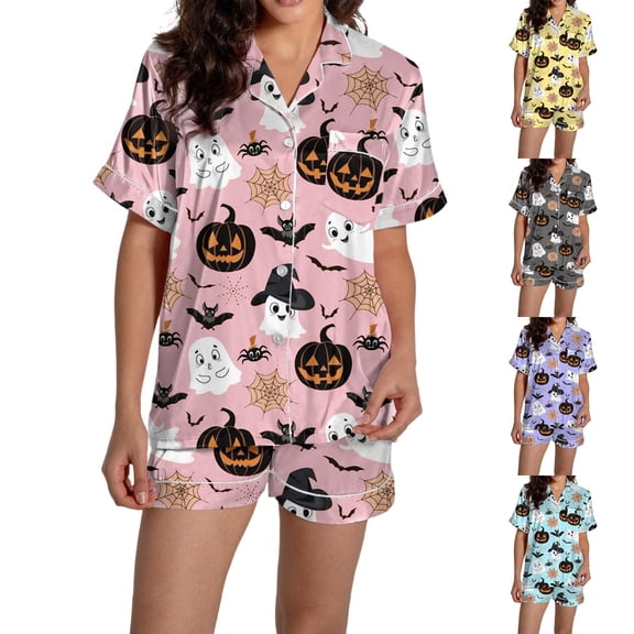 JIANLAI Women Halloween Pajama Set All‑Over Print Notched Lapel Button‑Down Short‑Sleeve Top & Elastic Waist Shorts 2‑Piece Silky Sleep Loungewear S‑XXL