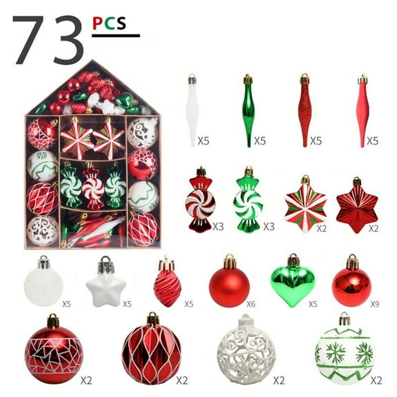 Christmas Ornaments Set, 73ct Red Green and Gold Shatterproof Christmas Tree Decorations Ball Ornaments Bulk, 2.36 Inches Traditional Country Hanging Ornaments for Xmas Trees Decor