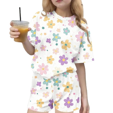 Riecok 2 Piece Set for Girls Kids Breathable Short Sets Crewneck Short Sleeve Tops and Shorts Summer Outfits Multicolor 9-10T