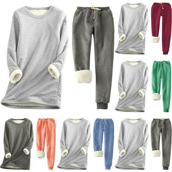 Oksale Lined Fleece Sweatsuit Set Women Plus Size 2 PC Sherpa Sweatshirts Warm Soft Cozy Drawstring Sweatpants Winter Fall Outfits Wine M