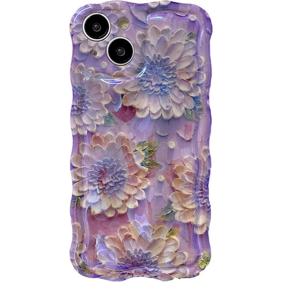 for iPhone 14 Case, Colorful Retro Oil Painting Printed Flower Phone Case for Girls Women, TPU Cute Curly Wave Edge Durable Protective Phone Cover for iPhone 14, Purple Chrysanthemums