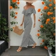 thumbnail image 4 of Lenpel Jumpsuits for Women Ruffle Short Sleeve Spaghetti Strap off Shoulder Striped Lounge Pants Wide Leg Rompers, 4 of 5