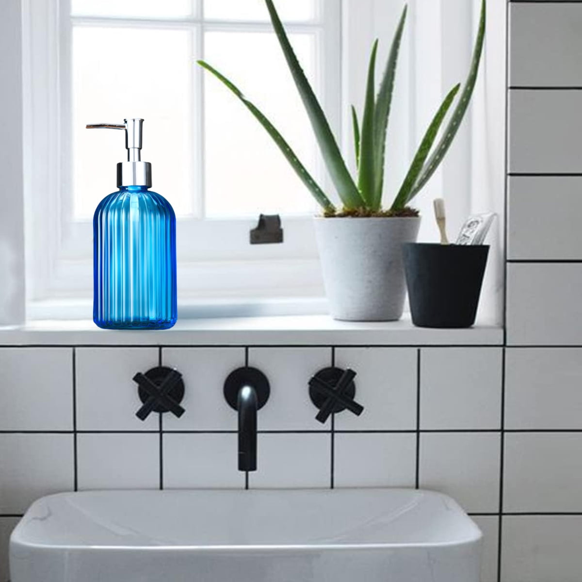 Soap Dispenser - 2 Pack 400Ml Glass Soap Dispenser, Refillable Liquid Bottle Dispenser, Hand Jar Dispenser For Bathroom, Kitchen, Countertop - Blue+Green