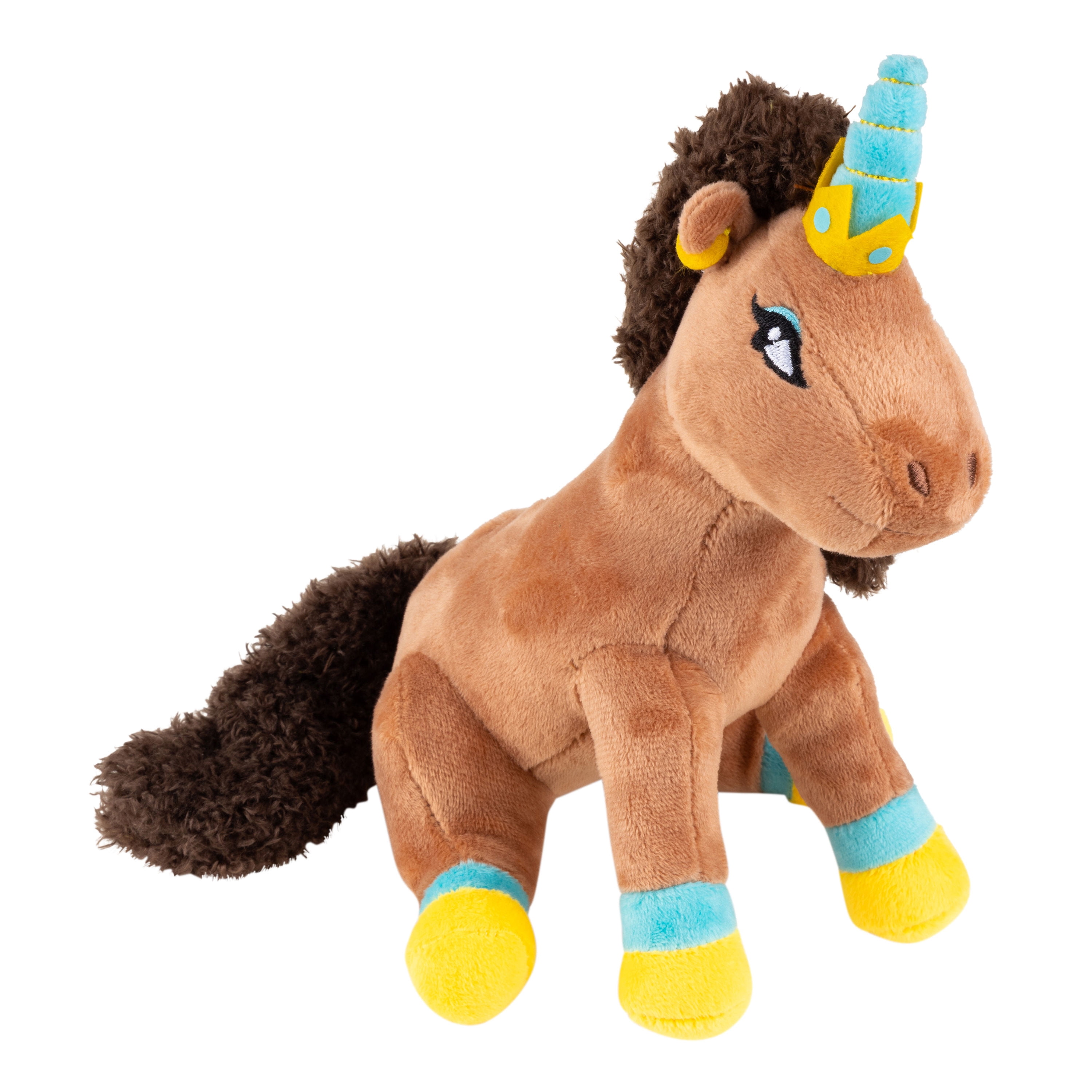 Afro Unicorn Plush Animal for Any Age in Brown with Soft Gold and Blue Trim