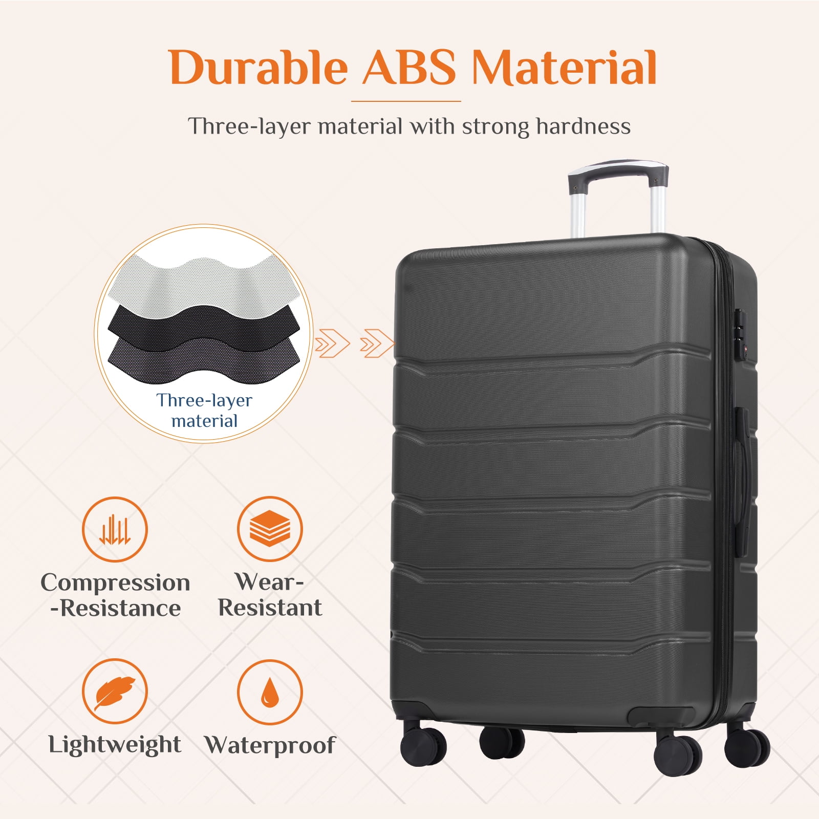 JIOABL 3 Pieces Carry On Luggage Expandable Hardside Suitcases with Rolling Spinner Wheels & TSA Lock, Black