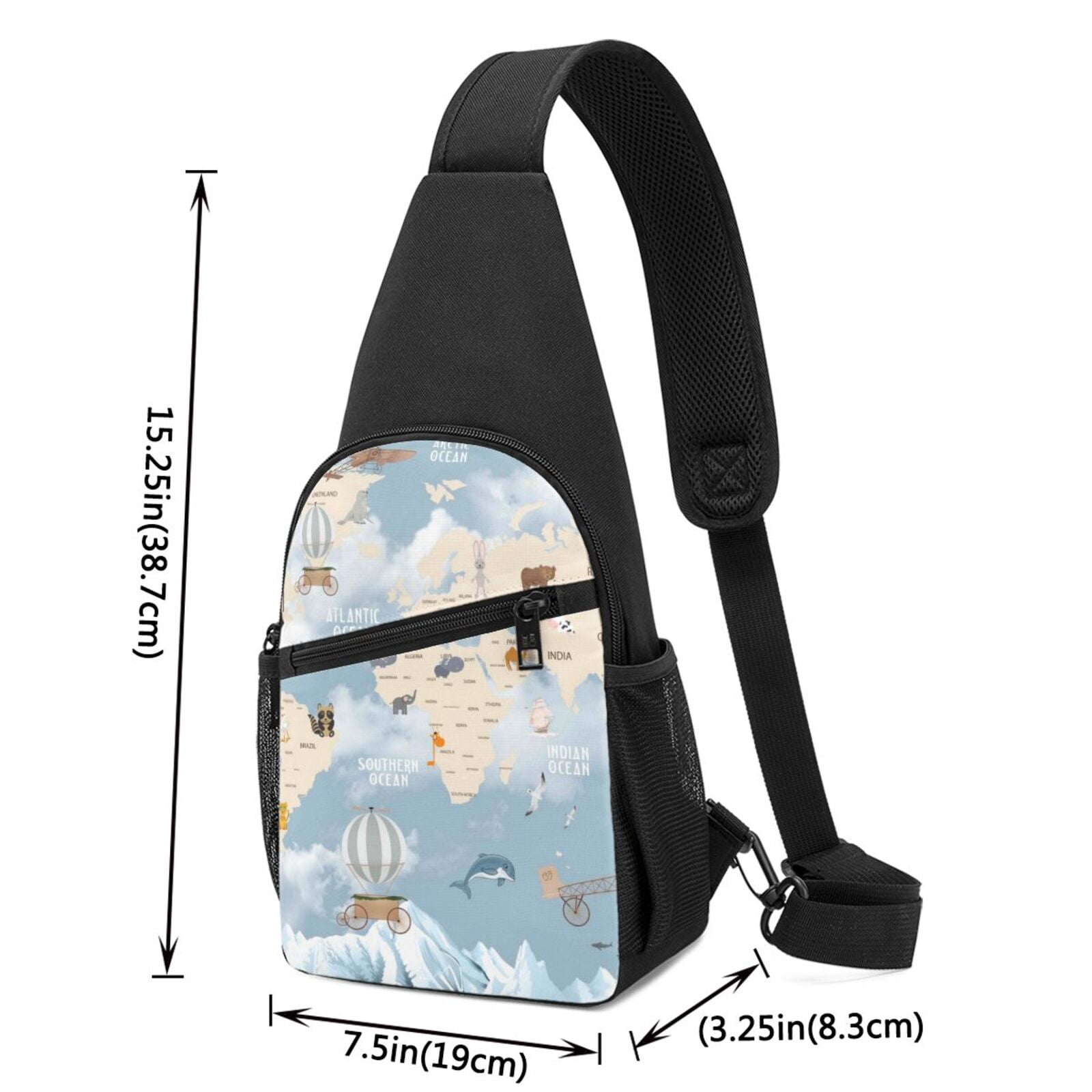 Xecao's Animals Travel World Map Print Sling Bag: A Versatile Chest, Shoulder, and Crossbody Backpack for Casual Days Out, Perfect for Both Men and Women
