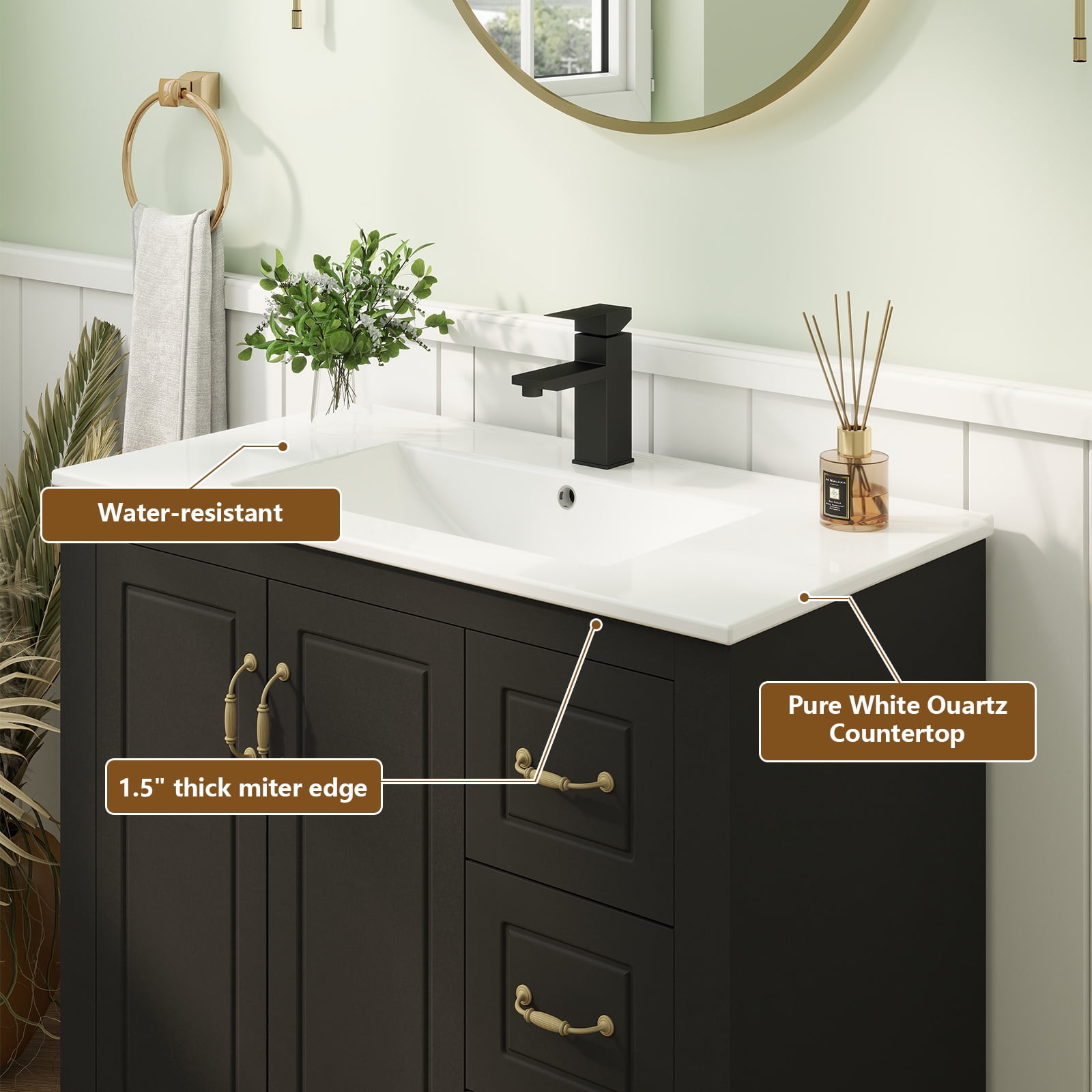 FULLWATT 36" Bathroom Vanity, Painted Surface Solid Wood Frame Bathroom Storage Vanities Set with 3 Drawers, Louvre Design Cabinet with Sink, Black