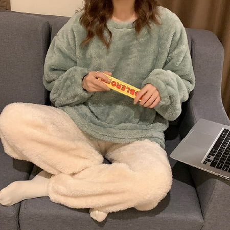 

DanceeMangoo WAVMIT Winter Womens Flannel Warm Long Sleeve Pajamas Set Thick Simple Leisure Women Sleepwear Set Gold Velvet Pyjamas Homewear