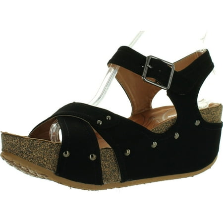 

FOREVER FREYA-23 Womens Cork Look Platform Ankle Strap Low Wedge Sandals Black 7