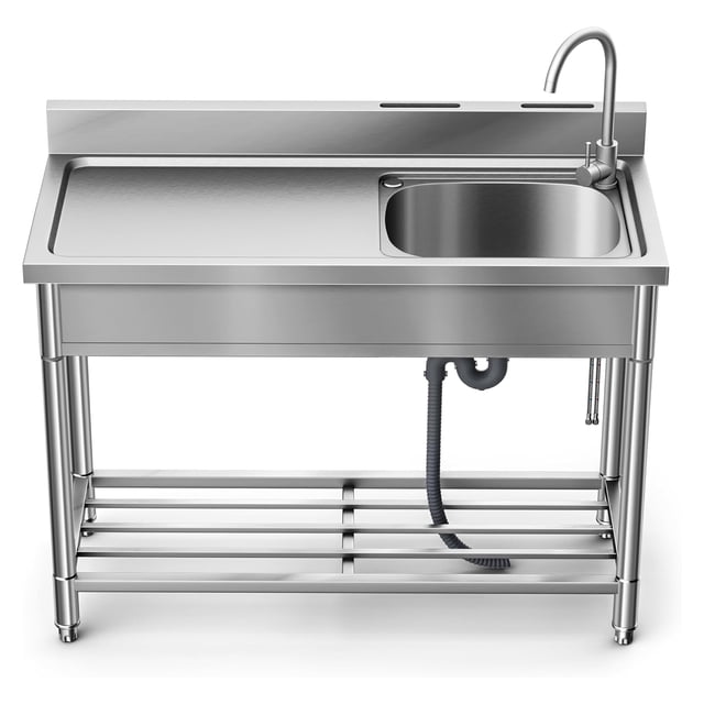 Yiwa Stainless Steel Single Bowl Utility Sink, Free Standing Design with Drainboard, Under Storage, and Complete Faucet Set with Hot and Cold Water Pipes for Commercial or Home Use