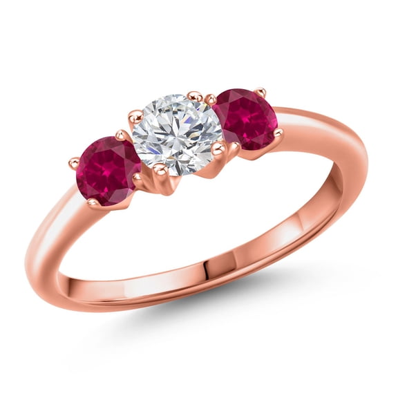 Gem Stone King 18K Rose Gold Plated Silver Lab Grown Diamond and Red Created Ruby Engagement Ring for Women | 1.00 Cttw | Round 5MM | Gemstone April Birthstone | Size 8