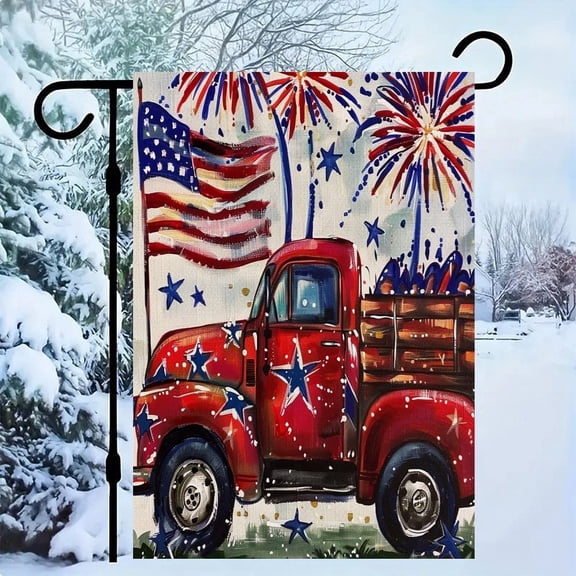 RKSupls Patriotic Linen Double Sided Garden Flag, Independence Day Themed Yard Decor, Rustic Truck Flag Fireworks Outdoor Banner for Holiday Lawn