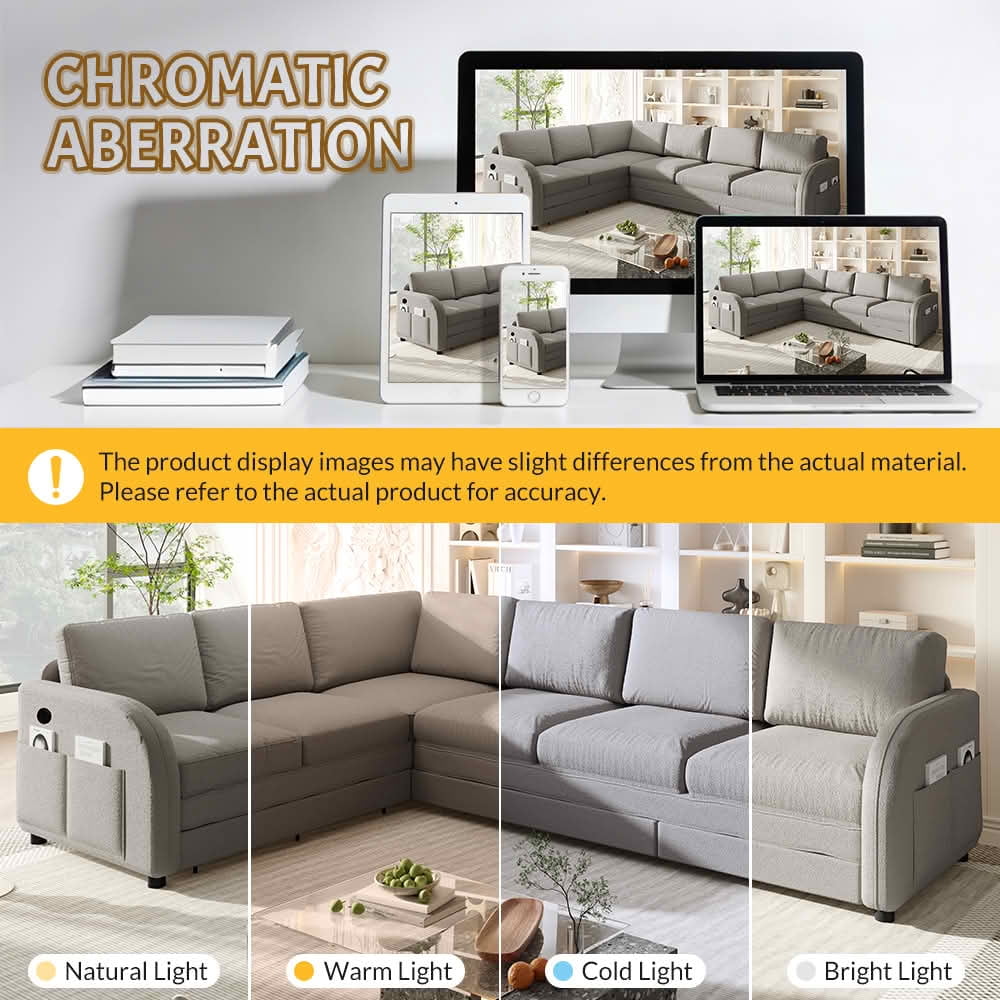 MAYEERTY 115.2" L‑Shaped Convertible Sleeper Sofa, Sherpa Fleece Sectional Couch with Pull‑Out Bed, Side Pocket & USB Port, Reversible Left/Right Chaise