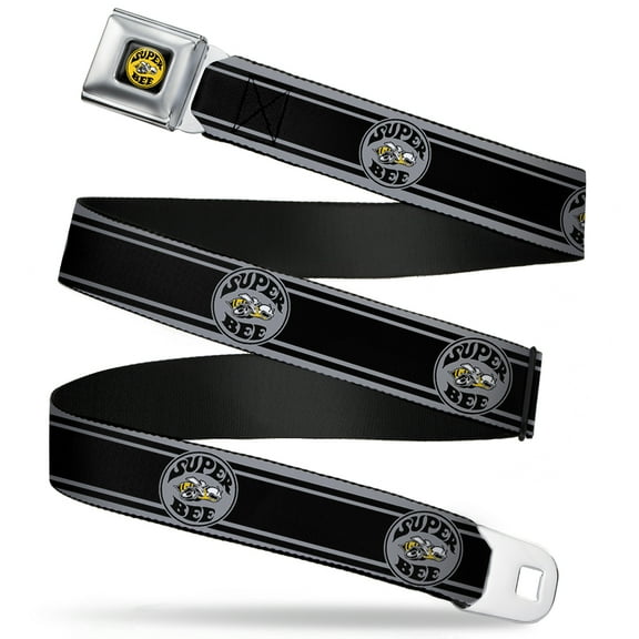Dodge Belt, Seatbelt Buckle Belt, Super Bee Logo Stripes Black Gray Yellow White, 30 to 44 Inches