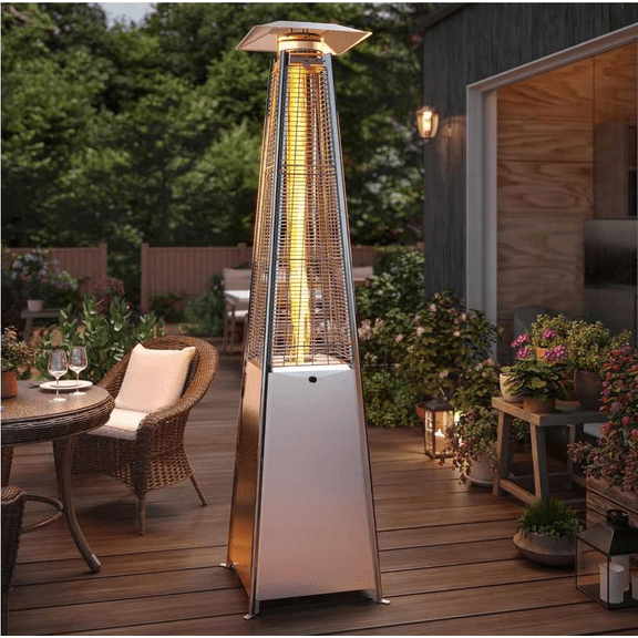 48,000 Pyramid Propane Patio Heater with Wheels, Tip-Over Safety, Thickened Glass Tube for Outdoor Use, Commercial & Residential