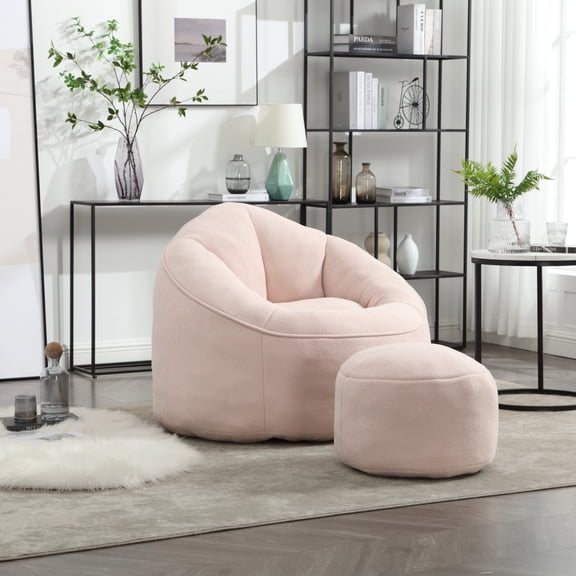 Bean Bag Chair with Ottoman, High Pressure Foam Bean Bag Chairs for Adult, Comfy Beanbag Chair with Footrest, Pink
