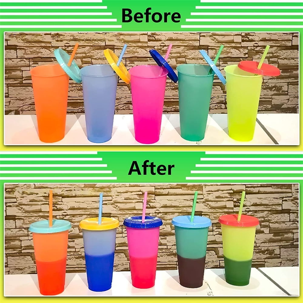 Color Changing Cups with Lids and Straws for Adults - 5 x 24oz Reusable Cups with Lids and Straws, Bulk Plastic Cups with Lids and Straws for Kids Women, Cold Iced Coffee Cups & Water Party Tumbler