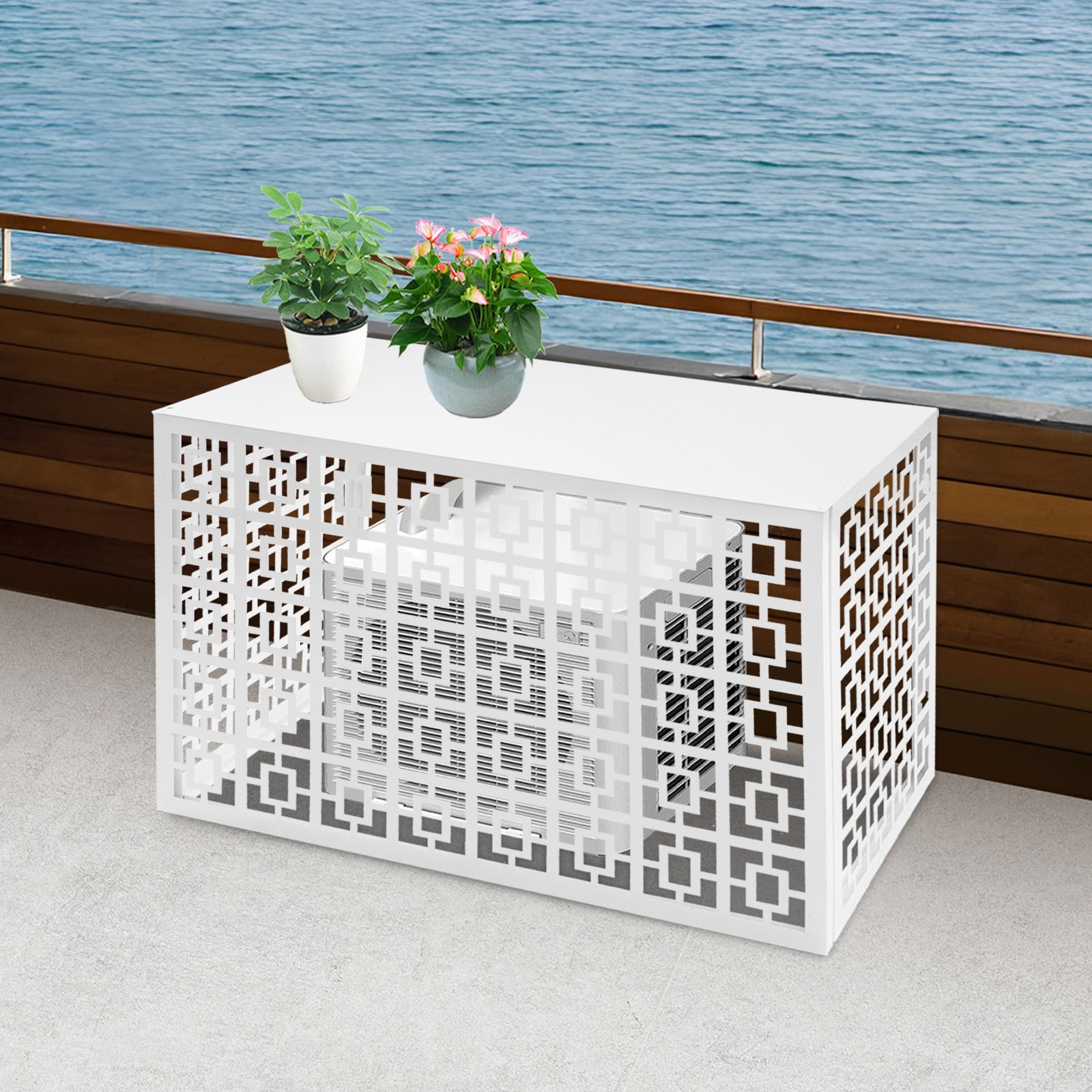 Decorative AC Fence, 39.37x27.55in Aluminum Screen, White Baking Paint, with Storage Top, for Pool Equipment & Generators