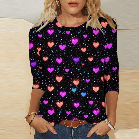 Vetsdori Womens Summer Shirts Valentine Plus Size Blouses Cute Graphic Holiday,3/4 Sleeve Crew Neck Tops for Junior Trendy