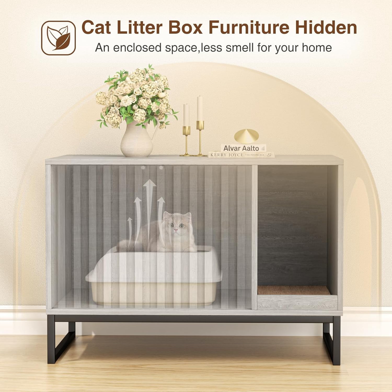 Vabches Hidden Cat Litter Box Enclosure Furniture, Multi-Functional Cat Washroom Bench with Cat Scratching Pad and Fluted Doors