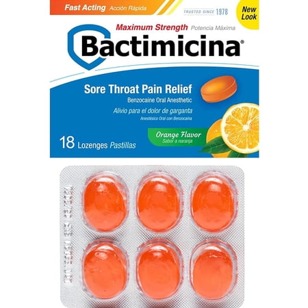 Bactimicina Sore Throat Pain Relief Lozenges, Maximum Strength, Orange Flavor, Oral Analgesic with Benzocaine for Fast Relief, 18/ct