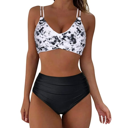 IDALL Bikini Sets Bathing Suit Retro Wrap High Waist Bikini Piece Swimsuit Print Tow Set Piece Vintage Front Two Ruched Crisscross Set Thong Bikini Sets High Waisted Bikini Sets Dark Gray S