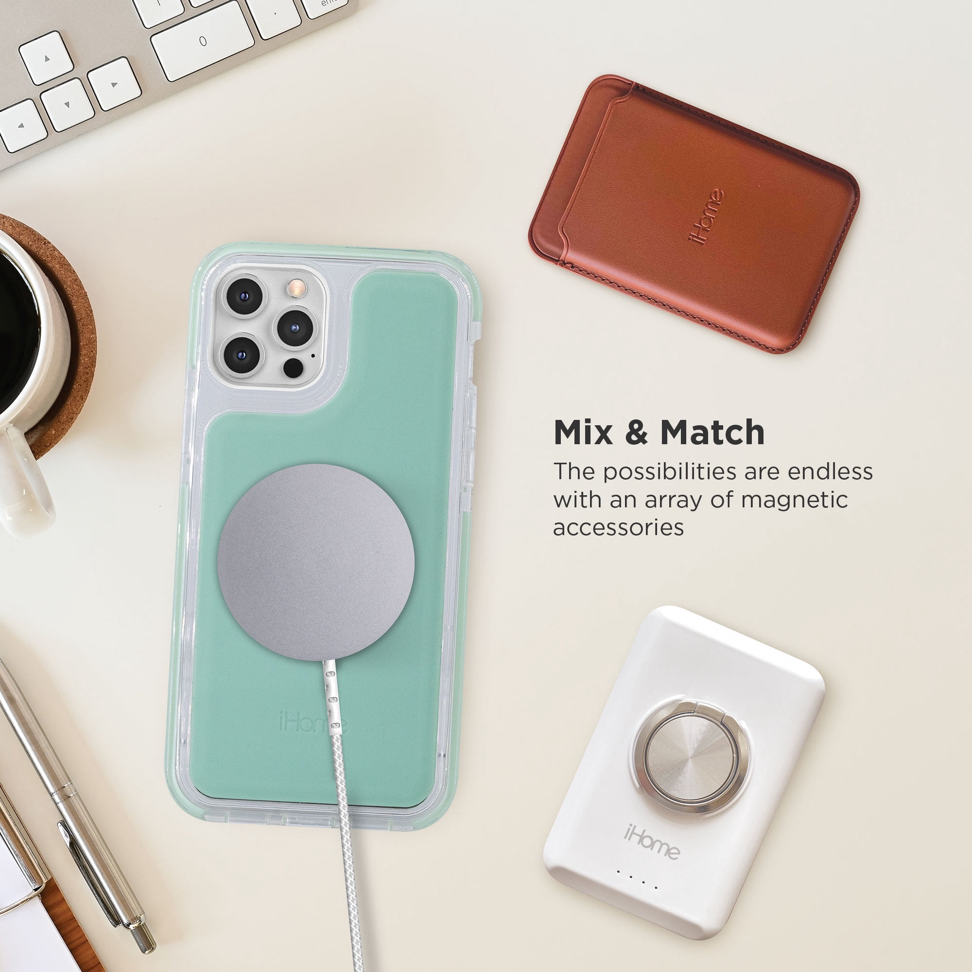 iHome Magnetic Silicone Velo Case, Slim & Shock Absorbent, MagSafe Compatible (iPhone 12/12 Pro, Mint)
