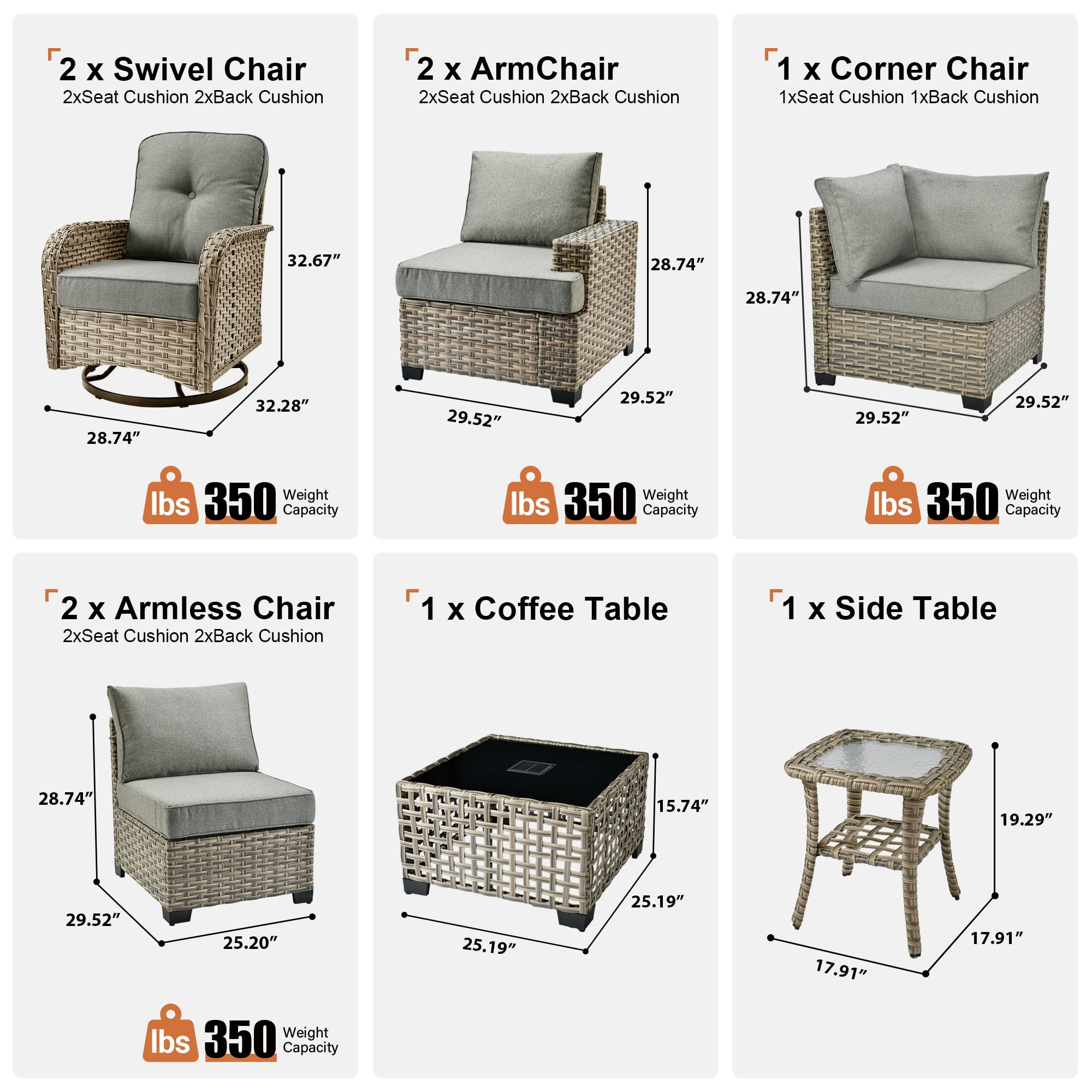 Toject 9 Pieces Patio Furniture Set Outside Furniture Wicker Patio Conversation Set with Swivel Chairs, Outdoor Furniture for Garden, Dark Gray