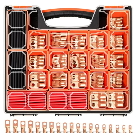 Foluck 220PCS Battery Cable Ends AWG 1 2 4 6 8 1/0 2/0 Gauge, 110PCS Heavy Duty Copper Wire Lugs Kit, Battery Cable Terminal Connectors Assortment with 110PCS 3:1 Heat Shrink Tubing