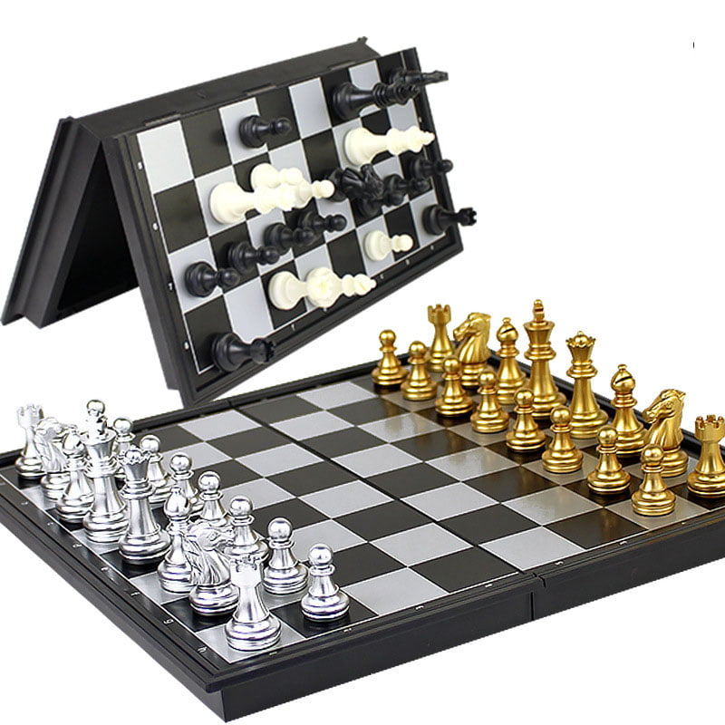 Magnetic Travel Chess Set Portable Metallic Mini Small Silver Gold Board Case S 