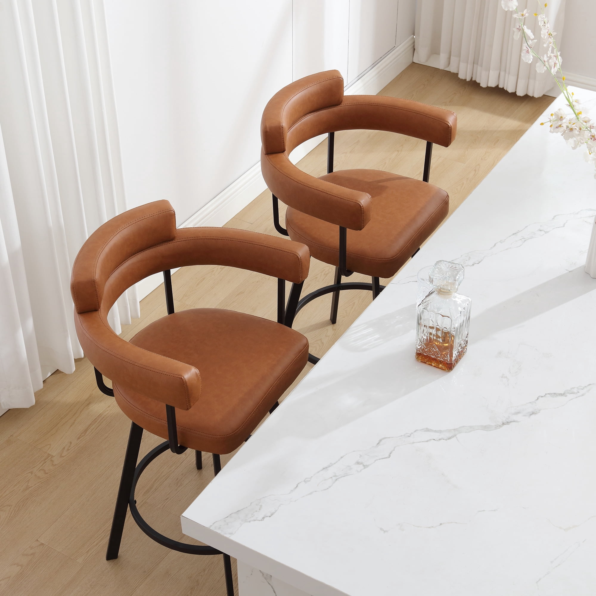 Zesthouse 26" Counter Height Swivel Barstools, Faux Leather Upholstered Bar Stools Set of 2, Armrests, Metal Base, Brown