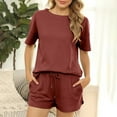thumbnail image 3 of Scyoekwg Summer 2 Piece Outfits for Women Sweatsuits Sets Trendy Loose Solid Color Short Sleeve Round Neck Tops Shorts Home Pajamas Sets Casual Outfits (Red,S), 3 of 7