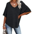 thumbnail image 5 of JGGSPWM Women's V-Neck Batwing Half Sleeve Waffle Knit Loose Solid Color Blouse Tops Black M, 5 of 7
