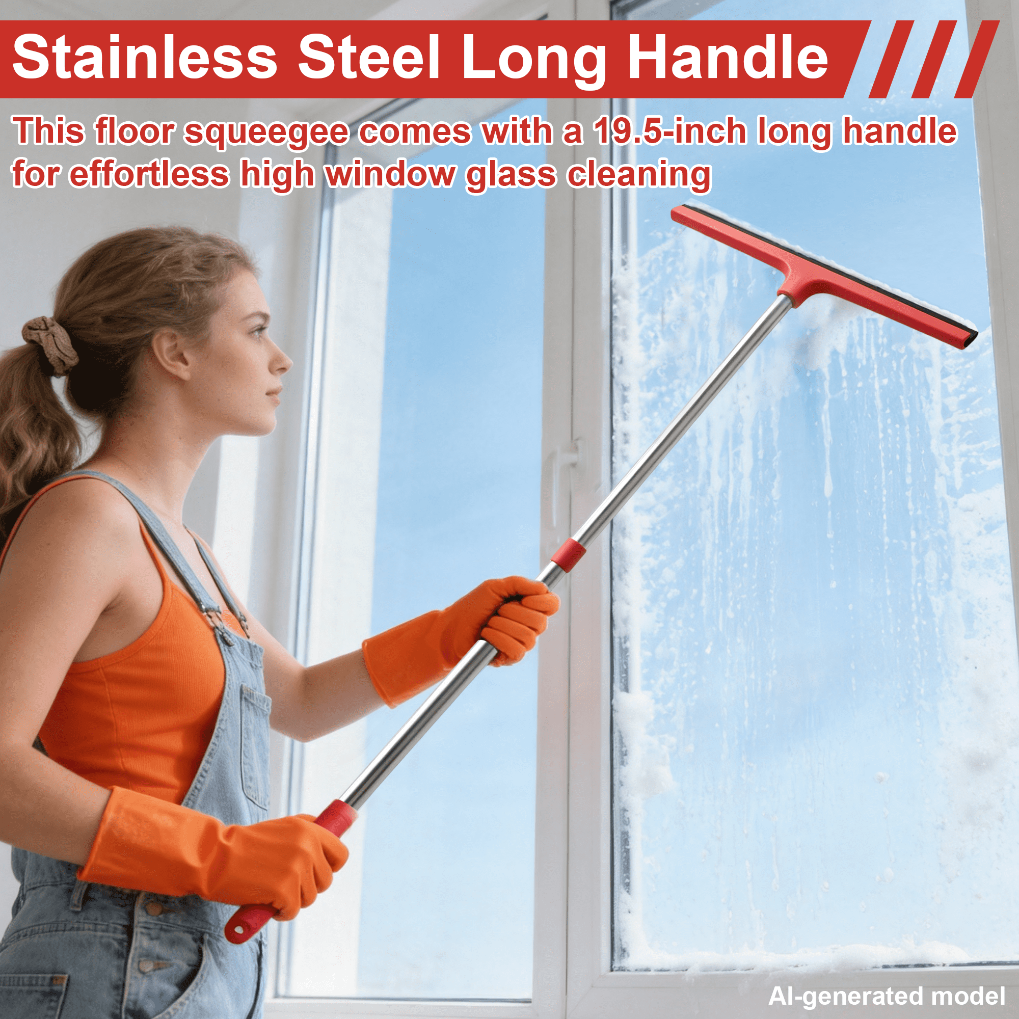 GARITIN Floor Squeegee with Long Stainless Steel Handle, Heavy‑Duty Rubber Squeegee for Shower, Bathroom, Tile, Glass Window, Water Removal Wiper for Home Garage Cleaning