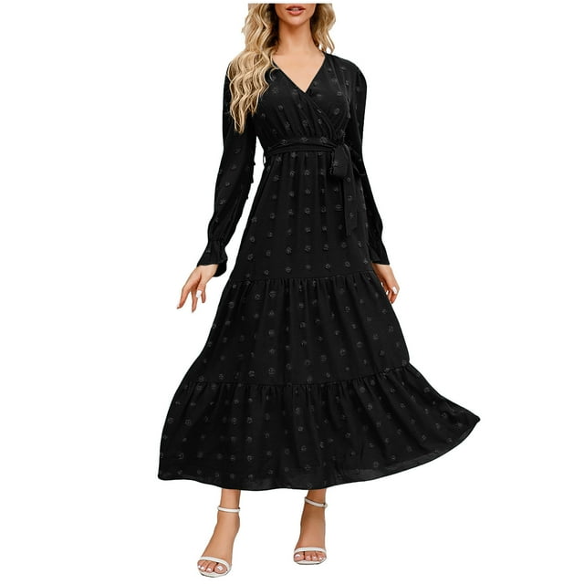 cfhntfmh Robes d'Automne pour Femmes 2024 à Manches Longues à Col en V Longue Robe Maxi Élégante Fluide à Volants Superposés Ourlet Robe Trapèze