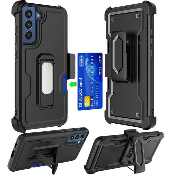 Ultra Rugged Hybrid Kickstand Case with Card Slot and Belt Clip Holster for Samsung Galaxy S23 Plus - Black