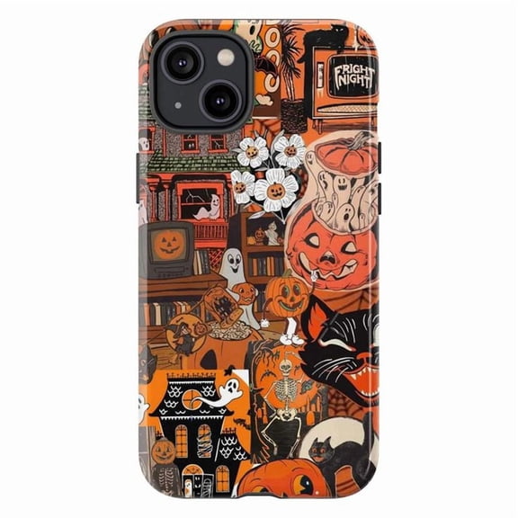 Retro Halloween Chaos iPhone Case, Spooky Pumpkin Patch, Black Cats & Ghost Library Collage, Protective Cover for iPhone 16 15 14 13 12 11 Pro Max Mini