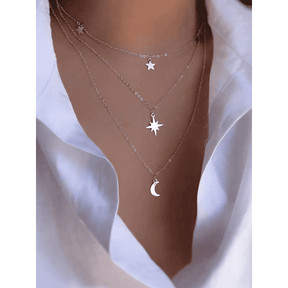 Silver Multi-Layer Star And Moon Pendant Necklace For Women