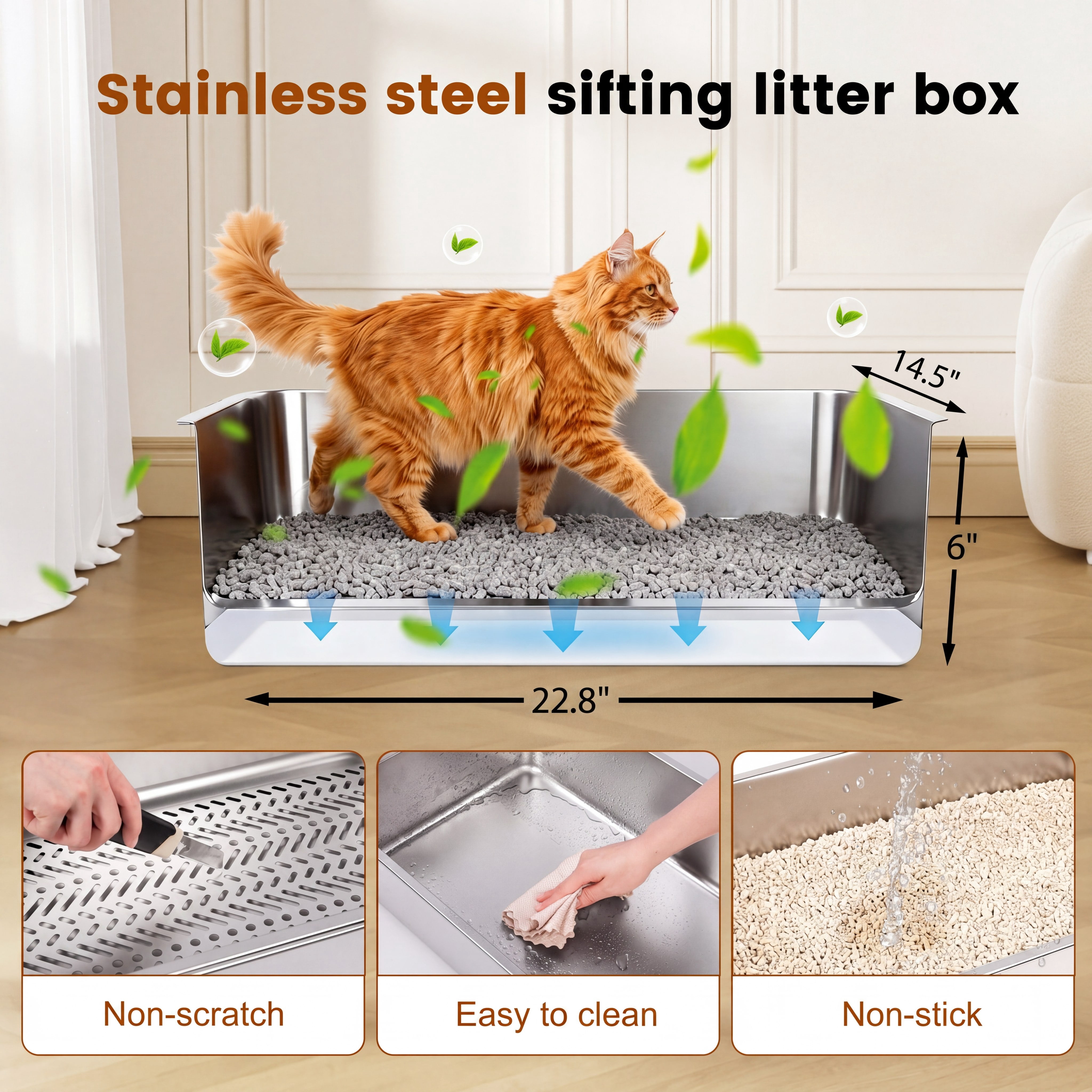 Topyangs Extra Large Stainless Steel Sifting Cat Litter Box, Silver