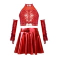 thumbnail image 3 of Doomiva Girls Jazz Latin Dance Outfits Sequin Crop Top with Metallic Skirt Gloves Ballroom Dancewear Red 16, 3 of 7